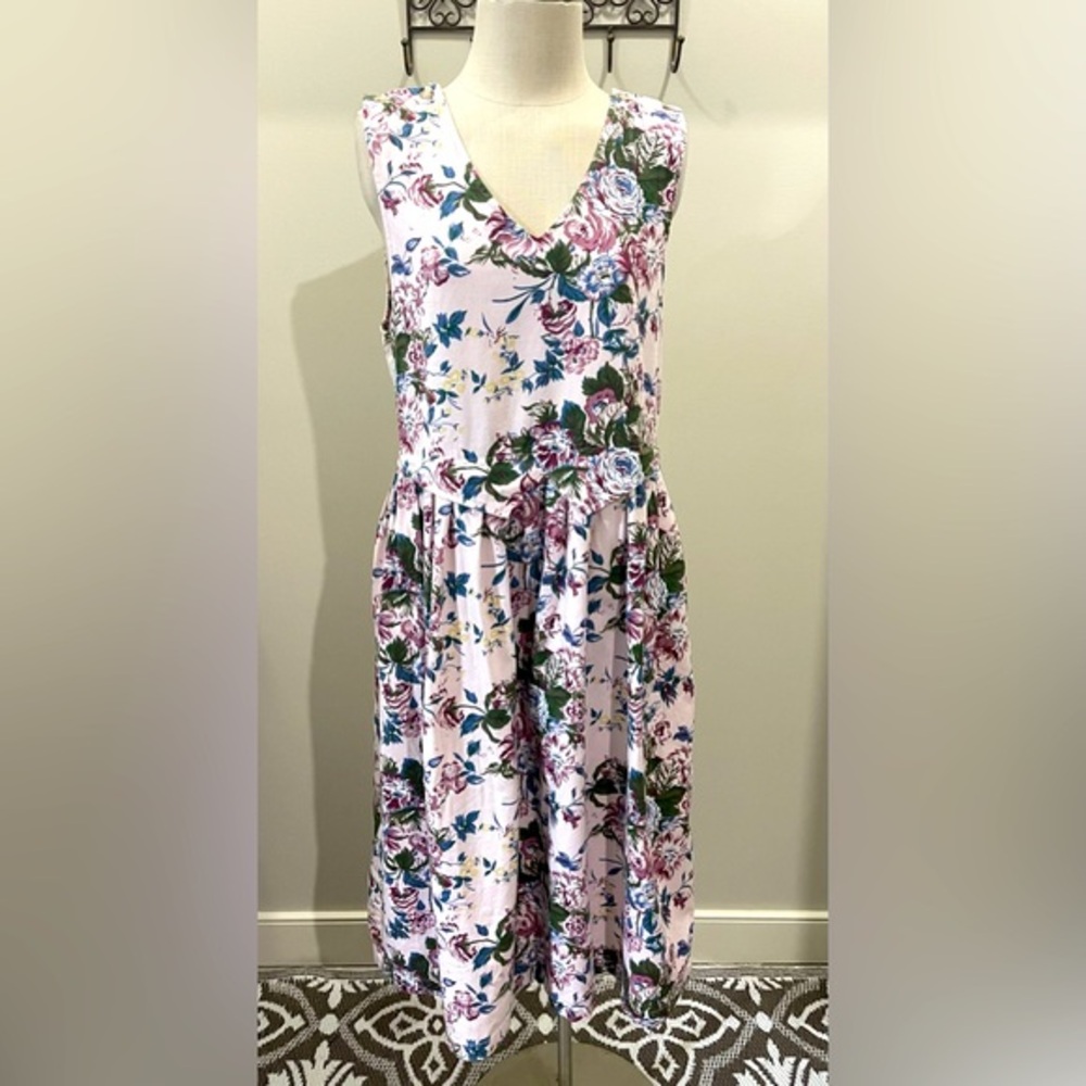 1441 BRYN CONNELLY Jumper Vintage Size 10 Cotton • Pockets • Floral • V-Neck EUC